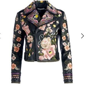 Brand new Alice + Olivia CODY EMBROIDERED LEATHER JACKET SZ S